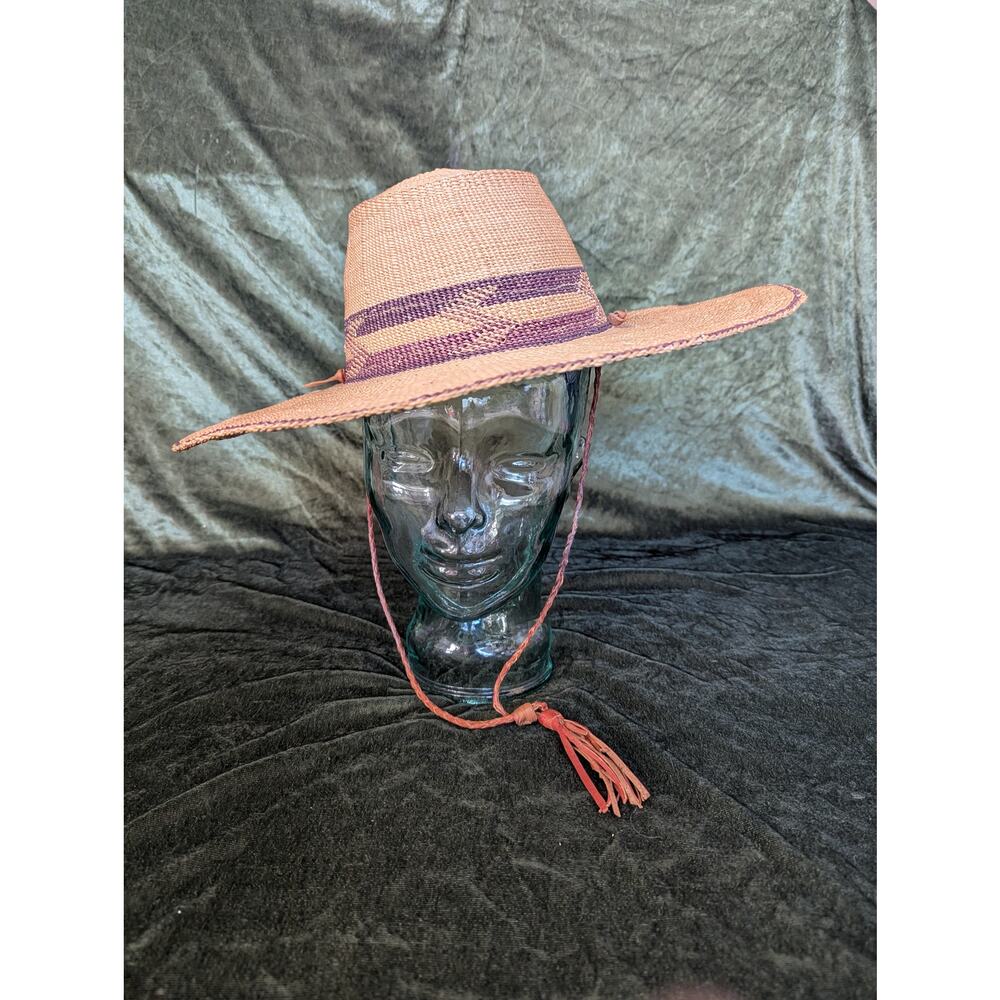 💜Wide Brim Straw Hat – Tan with Purple Band & Chin Strap